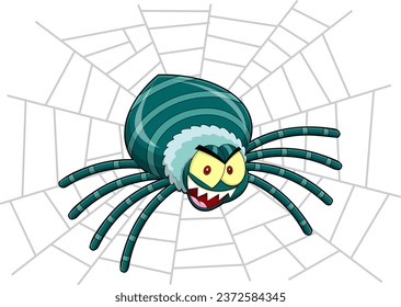 Angry Halloween Spider Cartoon Character On A Web. Vector Hand Drawn Illustration Isolated On Transparent Background