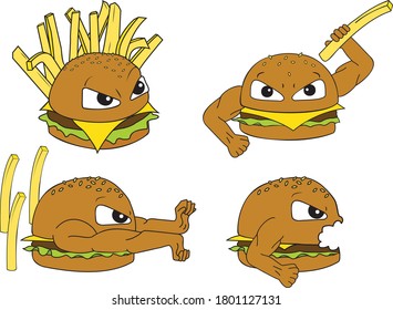 Angry Hamburger Attacking with Fries