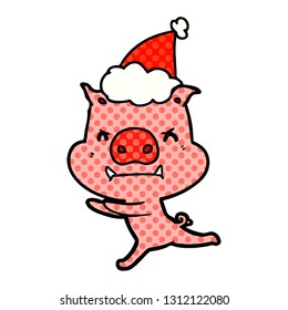 historieta dibujada a mano enojada ilustración del estilo de un cerdo con sombrero santa
