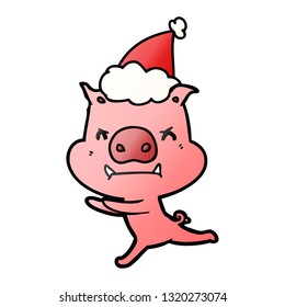 angry hand drawn gradient cartoon of a pig wearing santa hat