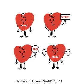 Angry hand drawn heart character holding sign with words stop and no. Cute cartoon mascot with different facial expression and body posture for health infographics and promotions. Editable stroke