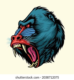 Angry hand drawn of mandrill monkey head