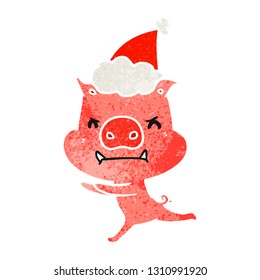 angry hand drawn retro cartoon of a pig wearing santa hat