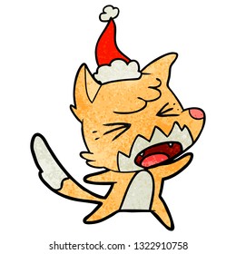 angry hand drawn textured cartoon of a fox wearing santa hat