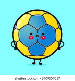 Carácter de balonmano enojado. Caricatura dibujada a mano del vector icono de ilustración del personaje kawaii. Aislado sobre fondo azul. Carácter Sad Handball