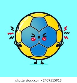 Carácter de balonmano enojado. Caricatura dibujada a mano del vector icono de ilustración del personaje kawaii. Aislado sobre fondo azul. Sad Handball