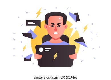 Angry handsome man using laptop stressing at work. Isolated concept businessman character with problem and deadline in business. Vector illustration.