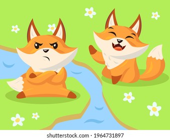 Angry and happy cartoon fox characters. Flat vector illustration. Two wild little funny foxes sitting next to stream in different emotional states or moods. Animal, wildlife, mood, emotion concept