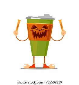 Angry and happy cute cup of coffee or tea on Halloween or something else, vector flat cartoon illustration isolated on white background