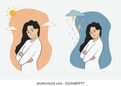 Angry and Happy Expression illustration of a Black-haired woman EPS Vector