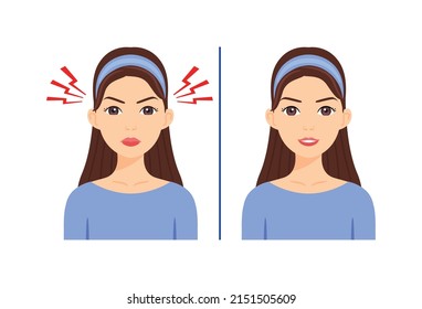 Angry and Happy Young Woman. Portrait of a Female Character with a Smile on Face. Lady is Dissatisfied and Annoyed. Antonyms. Education for Children. Color Cartoon style. White background. Vector.