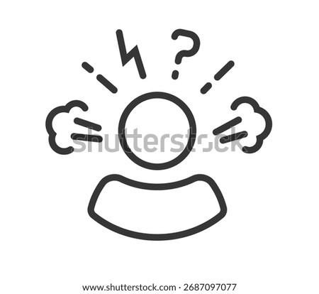Angry hate mad character person in stress icon simple line stroke outline graphic illustration, man in unhappy rage tension mood pictogram logo sign symbol, anxiety negative emotion thin linear