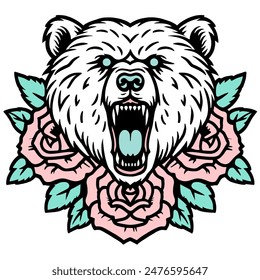 Angry head bear roaring with roses and leaves vector artwork design for t-shirt, sticker, print.