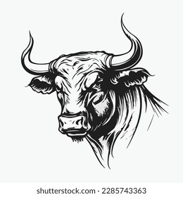 Cabeza enojada frente a la mascota de retrato de búfalo de toro. ilustración vectorial de línea blanca negra