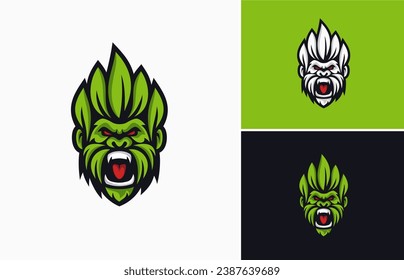 Angry head gorilla leaf green mascot vector logo design
