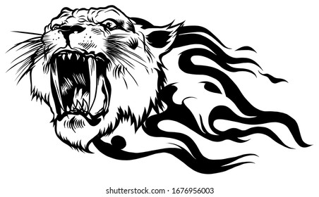 Angry head tiger with fire. Vector illustration.