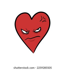 Angry heart cartoon  jealous heart  hand drawn vector cartoon heart and an angry face   filled and hate  isolated white background 