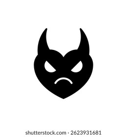 Angry heart with face and devil horns. Vector illustration and black silhouette on white background.