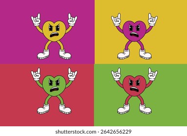 Angry Heart Rock and Roll Cartoon Character Design Four Color Variations