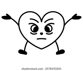 Angry heart shaped character. A guy in the shape of a love symbol. Pissed off look, questioning pose, eyebrows furrowed, hands raised up. Vector illustration. Outline on isolated white background. 