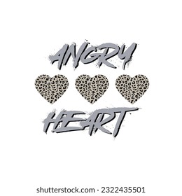 Corazón enojado, fondo blanco, letras con salpicaduras de tinta en lila, y tres corazones en huella animal.
Diseño de moda, Vectores para camisetas y aplicaciones interminables.