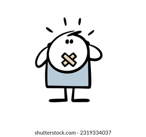 Angry, helpless stickman with a Band-Aid over his mouth. Vector illustration of a man in a panic. Hand drawn stick figure character isolated on white background.