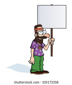 Angry hippie holding an empty protest sign.