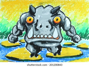 angry hippo walk on stone in water painting background