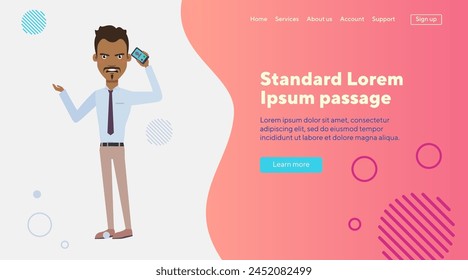 Angry Hispanic businessman talking on mobile phone. Flat vector illustration. Man annoyed with conversation. Business, negotiation, communication concept for web design, banner or landing page