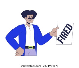 Angry hispanic man announcing firing 2D linear cartoon character. Latin male dismissing employees isolated line vector person white background. Unemployment crisis color flat spot illustration