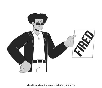 Angry hispanic man announcing firing black and white 2D line cartoon character. Latin male dismissing employees isolated vector outline person. Unemployment crisis monochromatic flat spot illustration