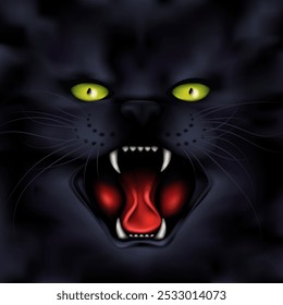 Gato negro silbando enojado. Boca abierta. Afiche de Halloween. Noche de fiesta espeluznante de terror. Ilustración vectorial eps10. Anuncio de invitación, Plantilla de volante. Diseño realista. Monstruo con colmillos de miedo.