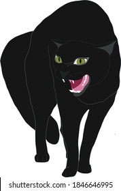 Angry hissing cat vector illustration. the black cat arched its back, hissing and baring its teeth. Halloween cat