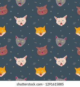 Angry hissing cat's head pattern (dark blue). Simple naive and doodle style.