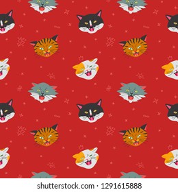 Angry hissing cat's head pattern (dark red). Simple naive and doodle style.