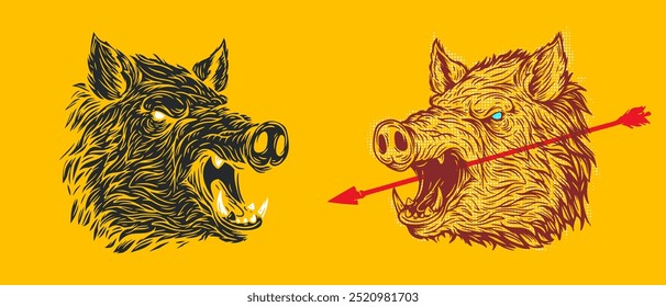 Angry hog head in colorful pop art style. Modern abstract print with animal. Vivid creative vector illustration.