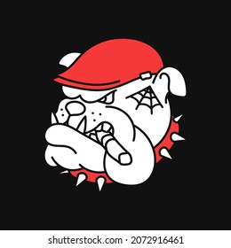 Angry hooligan Bulldog Merch Illustration, isolated on black background. Dog badge custom logo for t-shirt design. Vector drawing charaster.