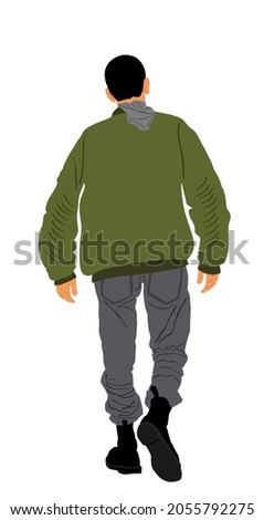 Angry hooligan walking the street vector illustration. Punk bully. Ruffian fan after soccer game. Rowdy boy. Skinhead member in recognizable clothes. Neo Nazi man back view.