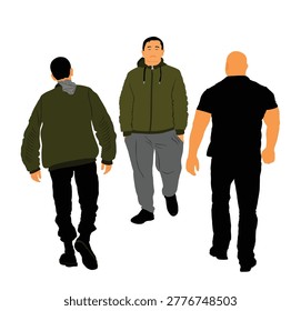 Angry hooligans walking and looking for trouble vector illustration isolated. Punk bully. Ruffian street fighters looking for a victim for a fight. Rowdy boy. Skinhead members. Bouncers provoke man.
