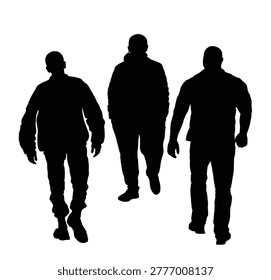 Angry hooligans walking and looking for trouble vector silhouette isolated. Punk bully. Ruffian street fighters looking for a victim for a fight. Rowdy boy. Skinhead members. Bouncers provoke man.