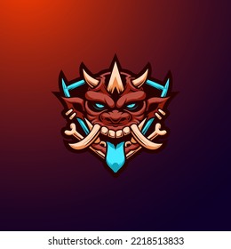 Angry horned goblin esport mascot emblem logo. Scary goblin face vector illustration.