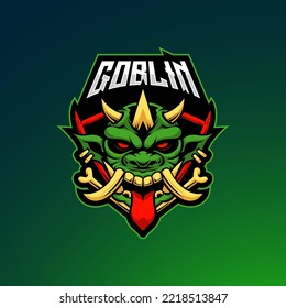 Angry horned goblin esport mascot emblem logo with editable team name. Scary goblin face vector illustration.