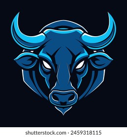 Angry horned head silhouette of a buffalo with blue color 