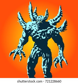 Angry horned monster with spikes stands ready to attack. Vector illustration on orange background. Scary character. The horror genre.