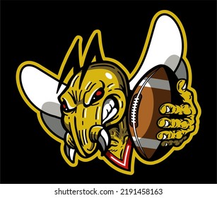 Angry Hornet Mascot Holding Football For School, College Or League