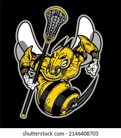 angry hornet mascot holding lacrosse stick for school, college or league