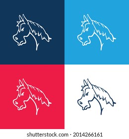 Angry Horse Face Side View Outline blue and red four color minimal icon set
