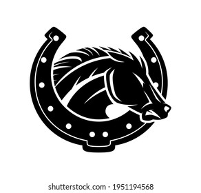 Angry horse icon with horseshoe on white background.