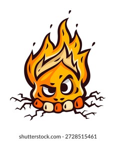Angry hot fire face with burning head flames and embers. Simple contour outlines. Vector Illustration Isolated.