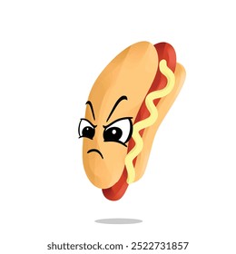 personagem mascote de cachorro-quente irritado. conceito bonito, engraçado e brincalhão. fast food, educação e temas saudáveis